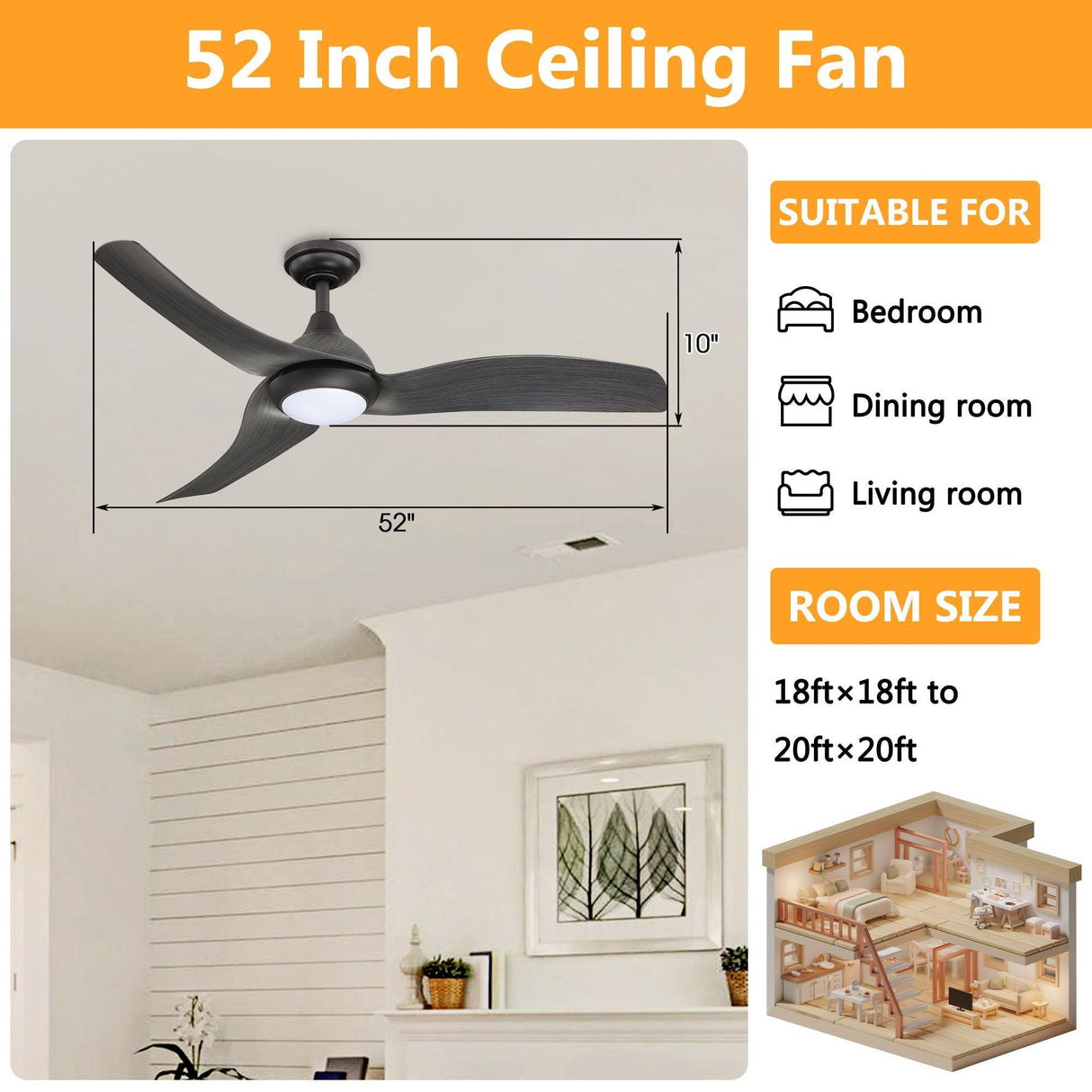 52" Industrial DC Motor Downrod Mount Reversible Ceiling Fan with LED Lighting and Remote Control