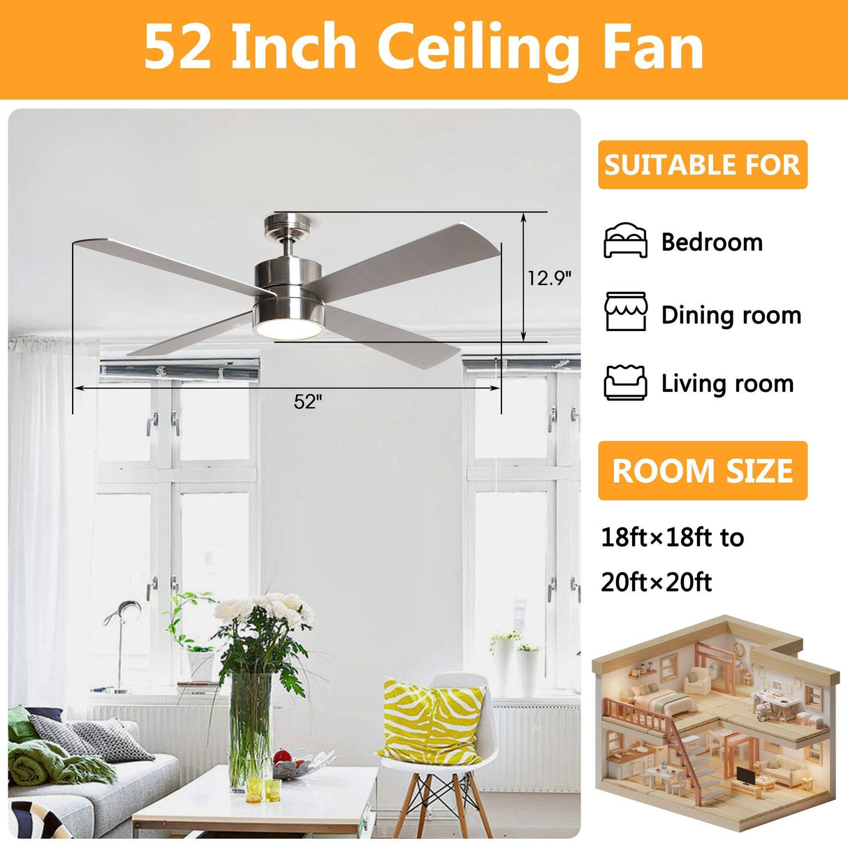 52" Bucholz Industrial Ceiling Fan with Dimmable LED Light