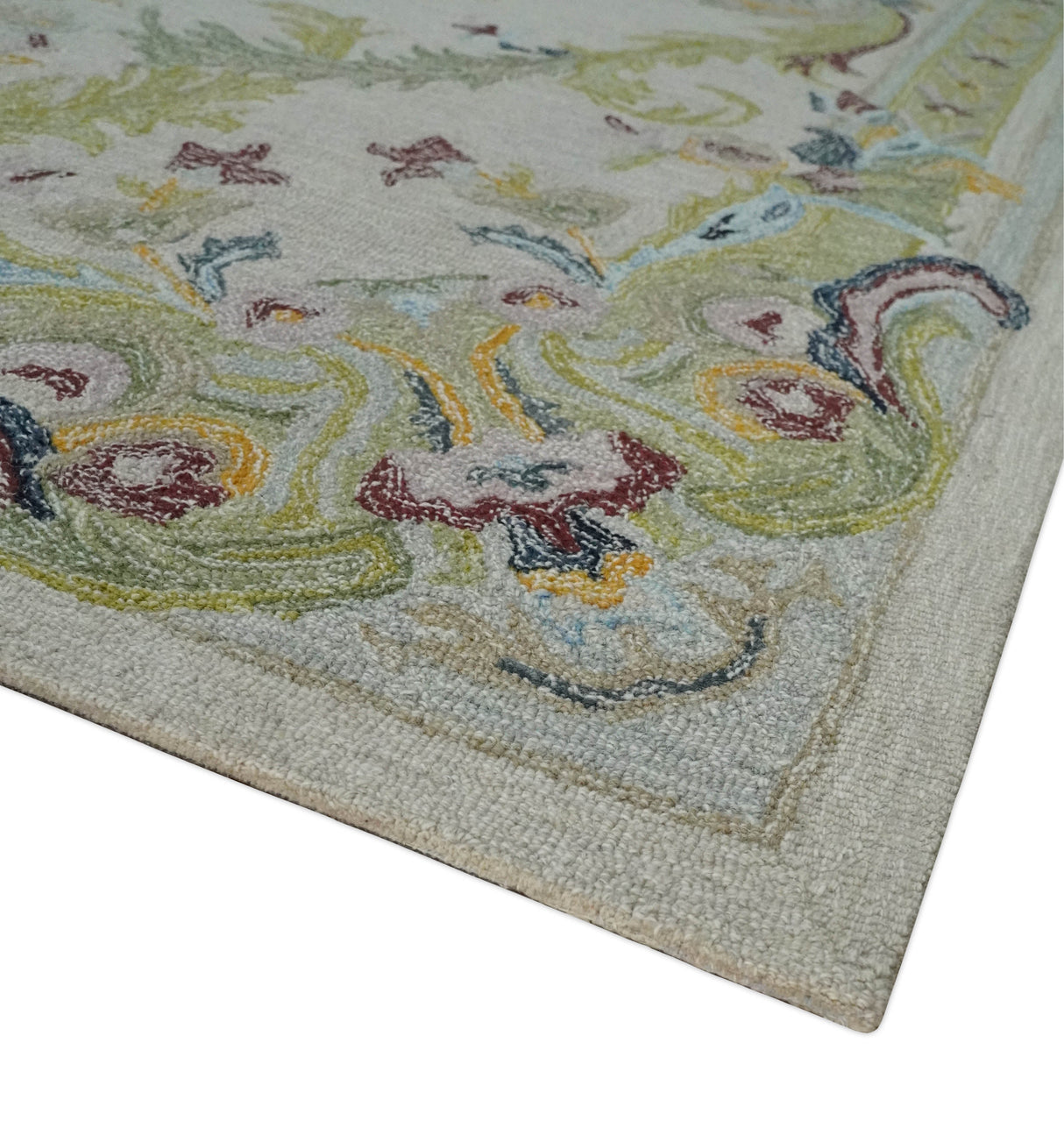 Ivory and Green Custom Made French Design Aubusson Hand Tufted Wool Area Rug