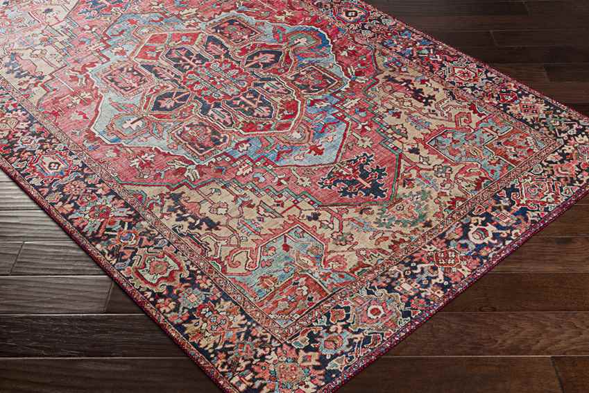 Manche Traditional Bright Red/Navy/Wheat/Ice Blue/Grass Green/Ivory Area Rug