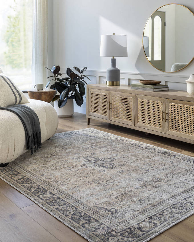 Darling Traditional Warm Grey/Khaki Washable Area Rug - Becki Owens x Livabliss
