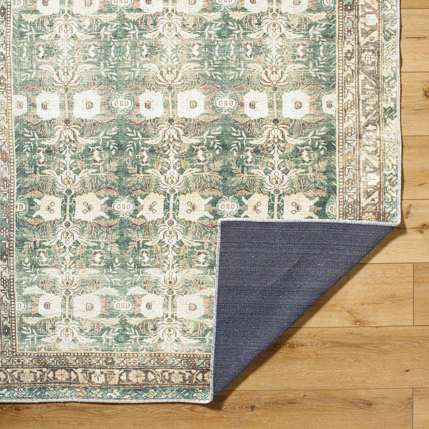 Meddo Traditional Dark Green Washable Area Rug