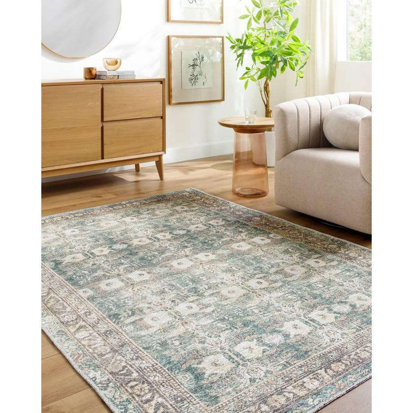 Marqus Traditional Emerald/Light Silver Washable Area Rug