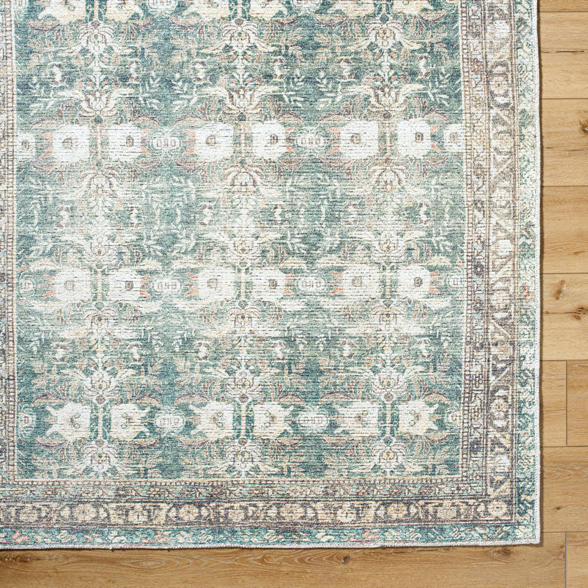 Marqus Traditional Emerald/Light Silver Washable Area Rug