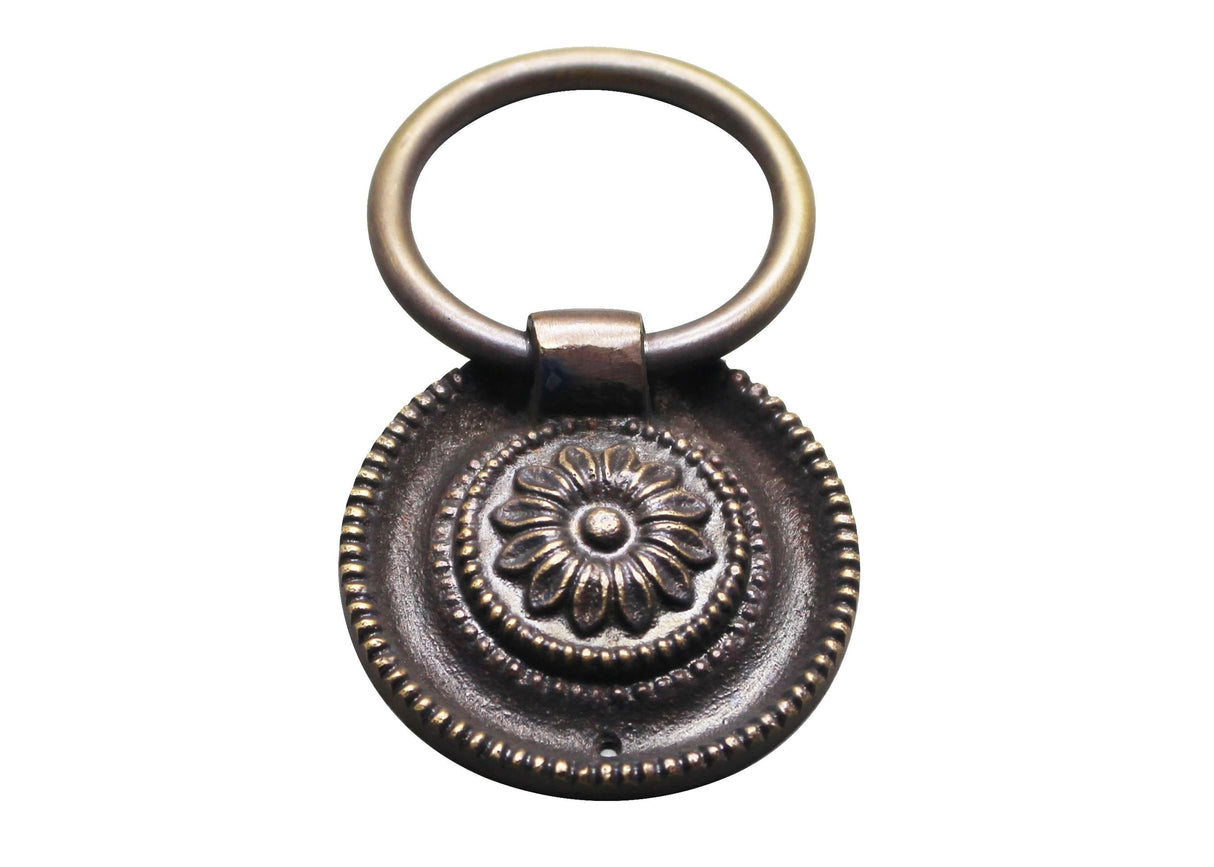 Traditional Rosette Ring Pull, Antique Brass