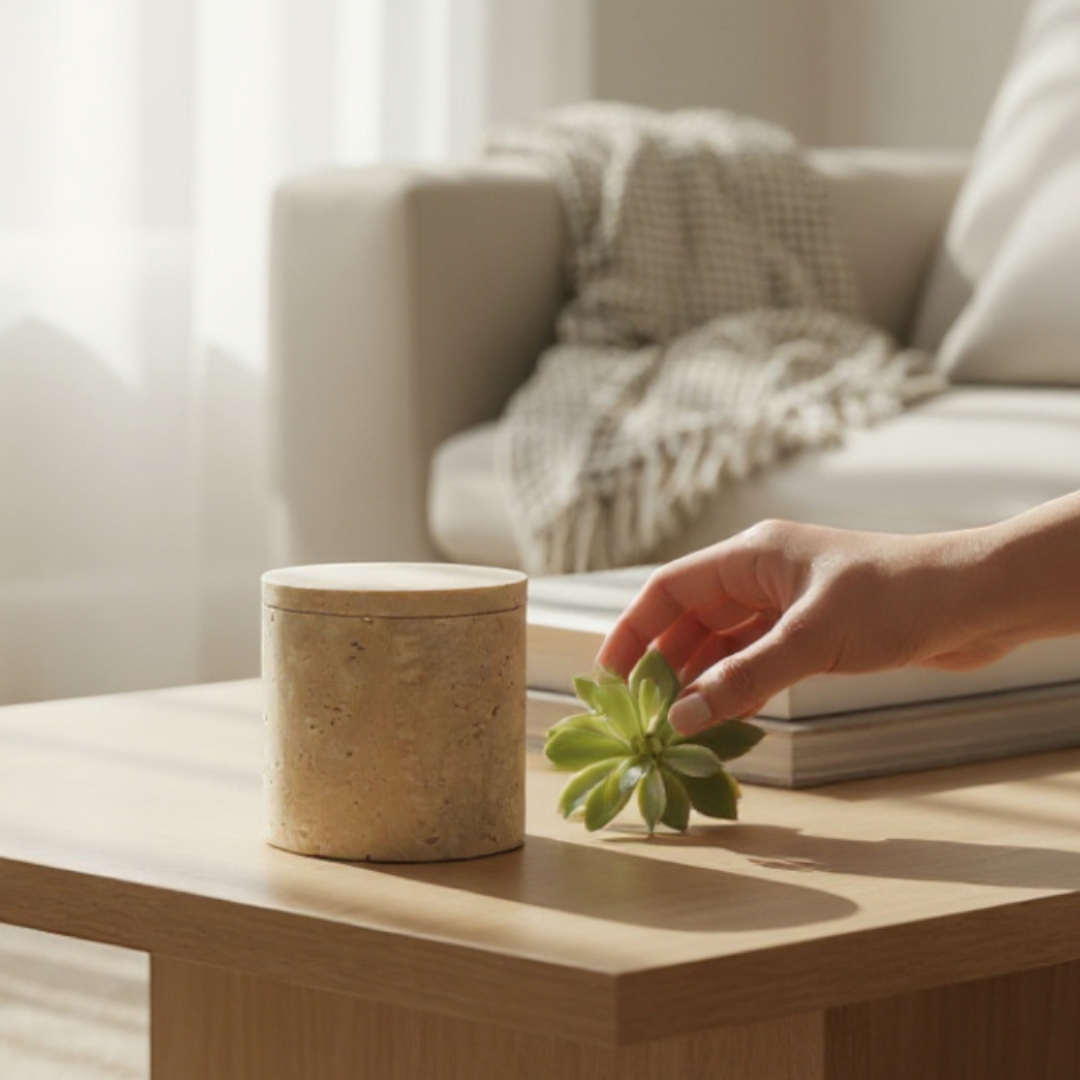 Rosalin Travertine Vessel with Lid