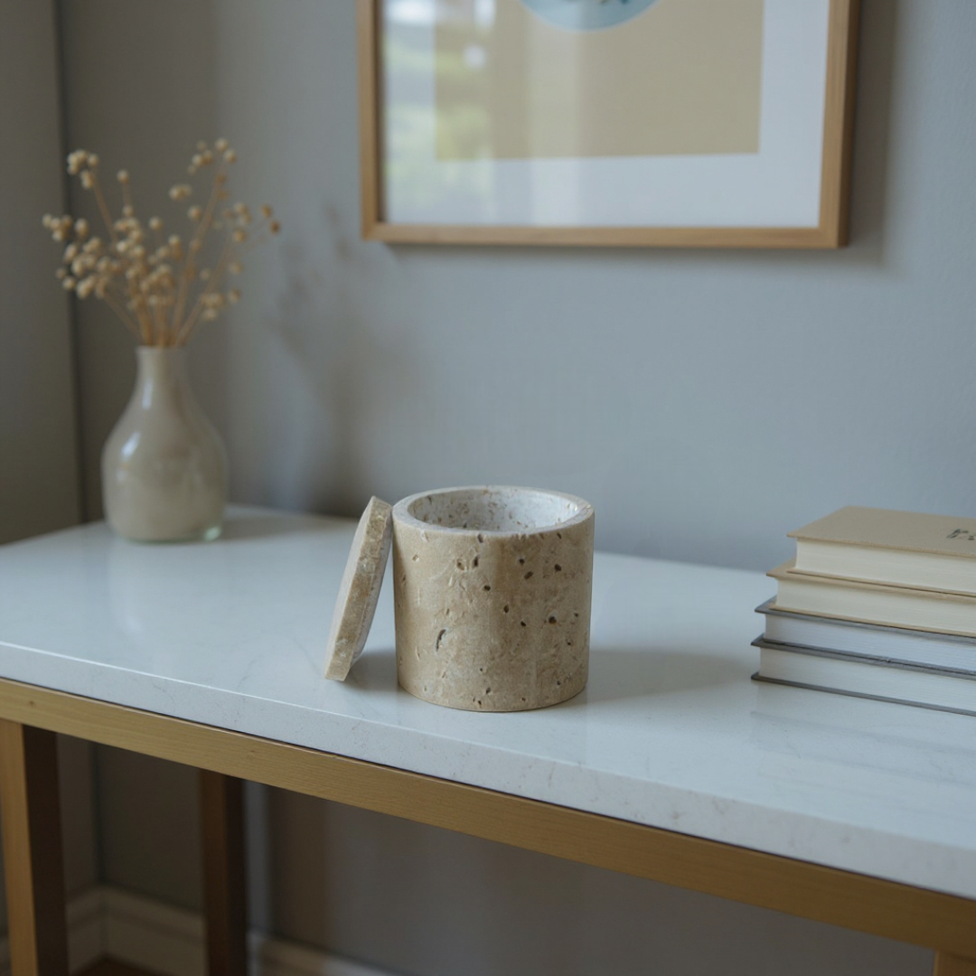 Rosalin Travertine Vessel with Lid