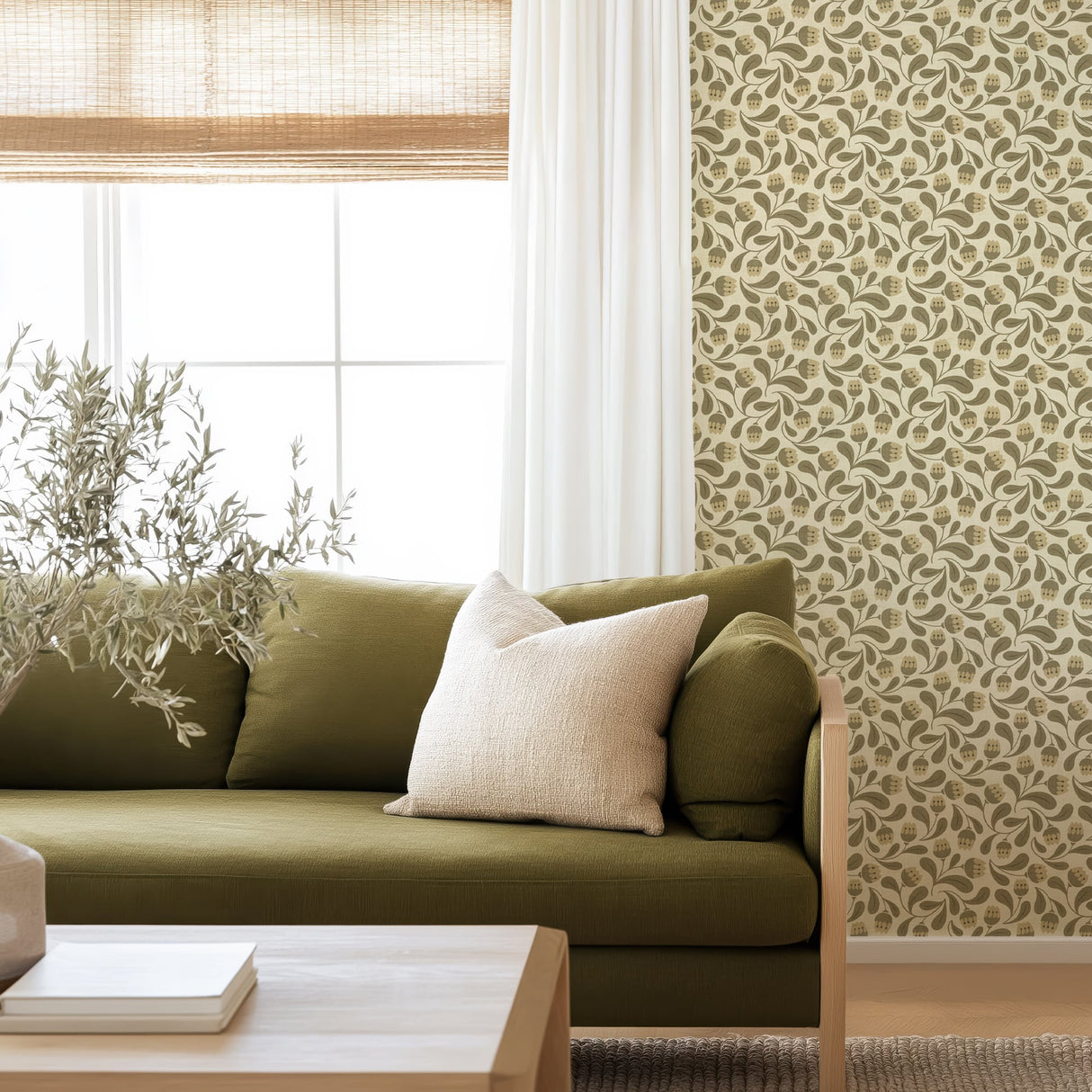 Whimsical Bloom Wallpaper - Soft Green & Cream Floral