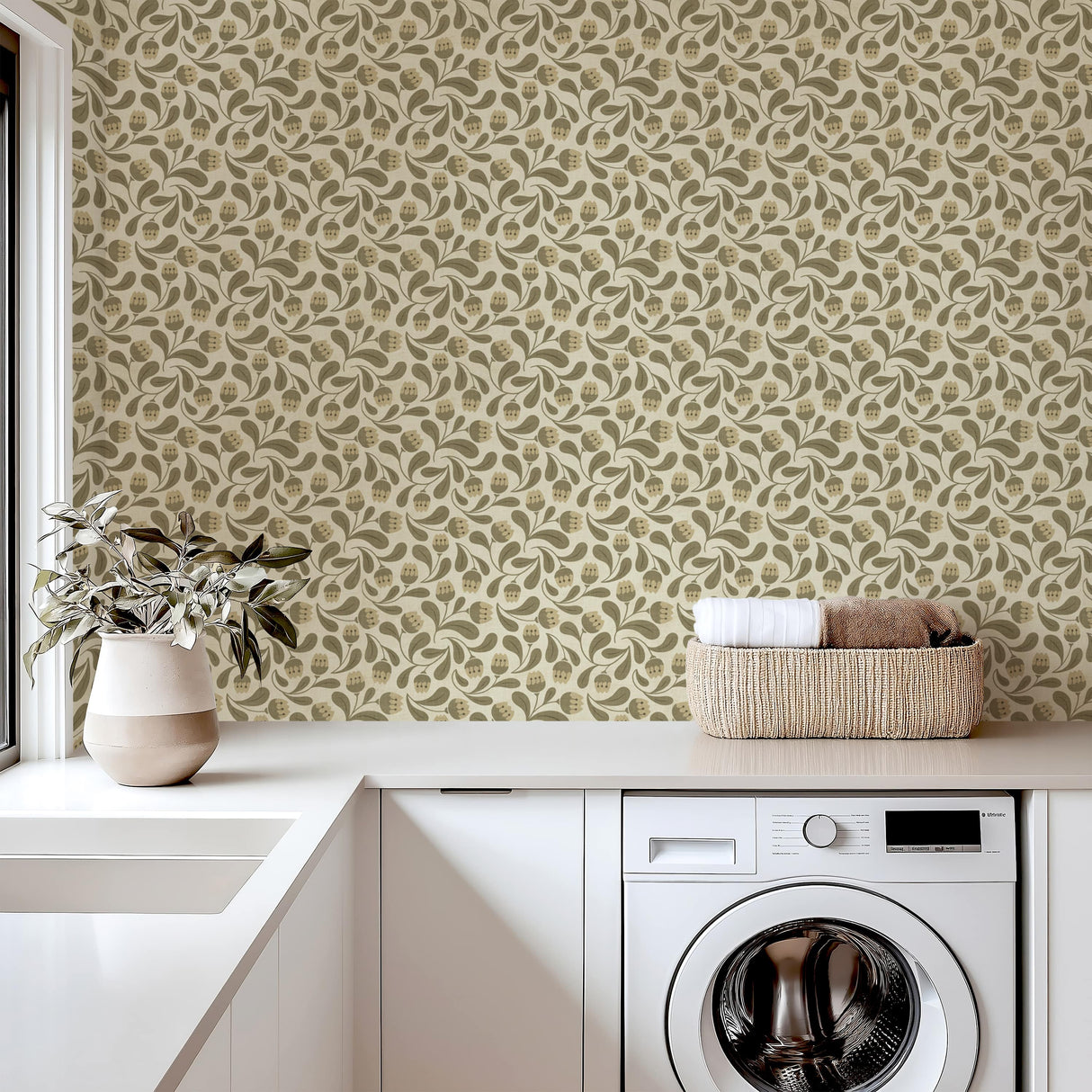 Whimsical Bloom Wallpaper - Soft Green & Cream Floral