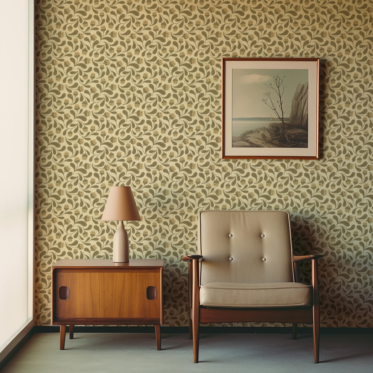 Whimsical Bloom Wallpaper - Soft Green & Cream Floral