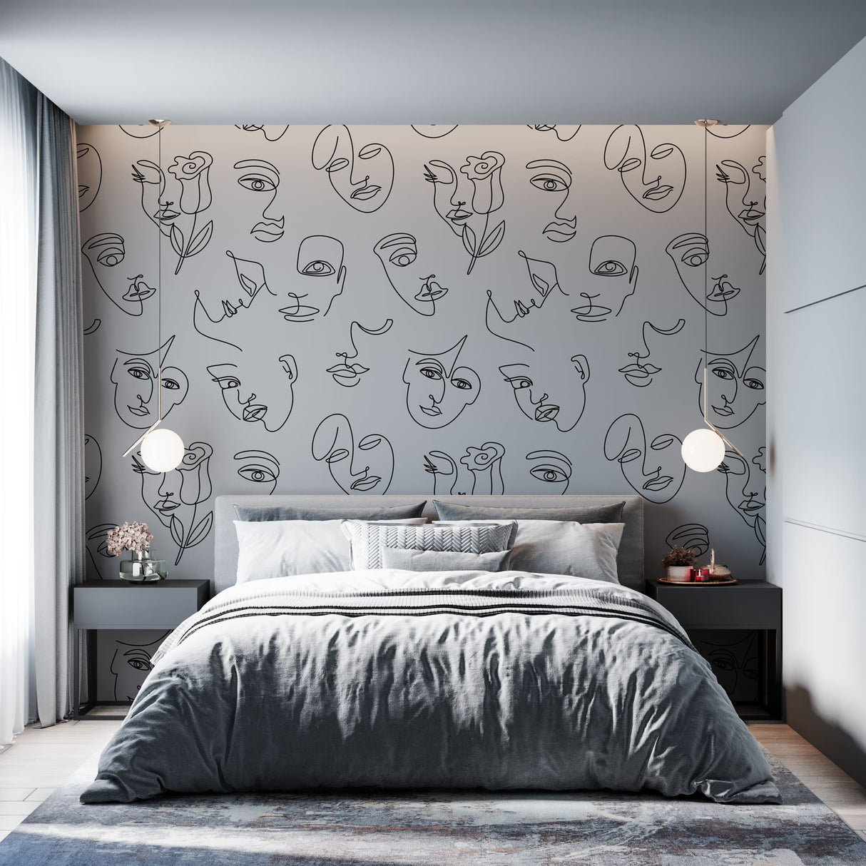 Minimalist Line Art Wallpaper - Abstract Faces Design