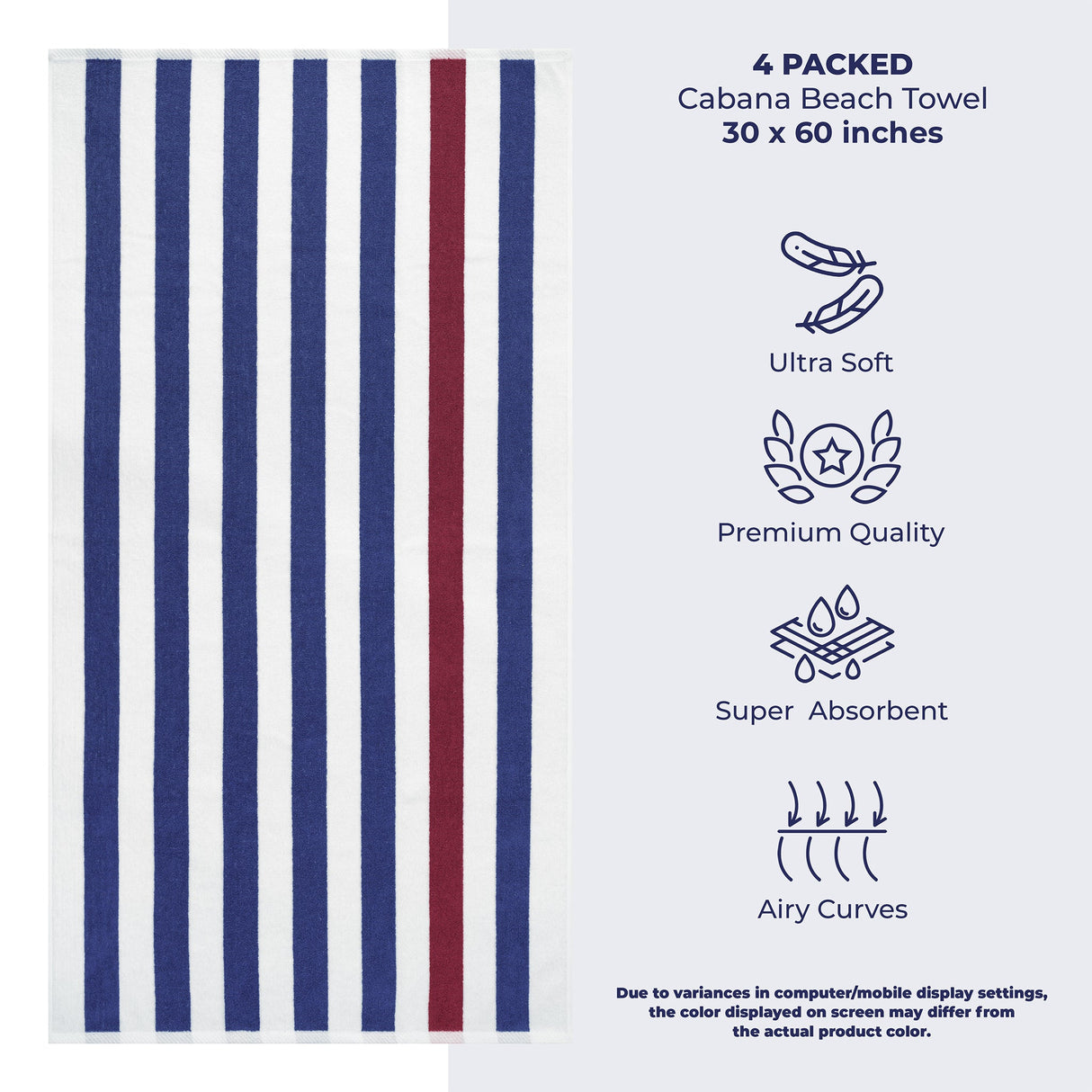 American Soft Linen, Premium Cotton 4 Pack Beach Towels, 30" x 60" Cabana Striped Pool Towels