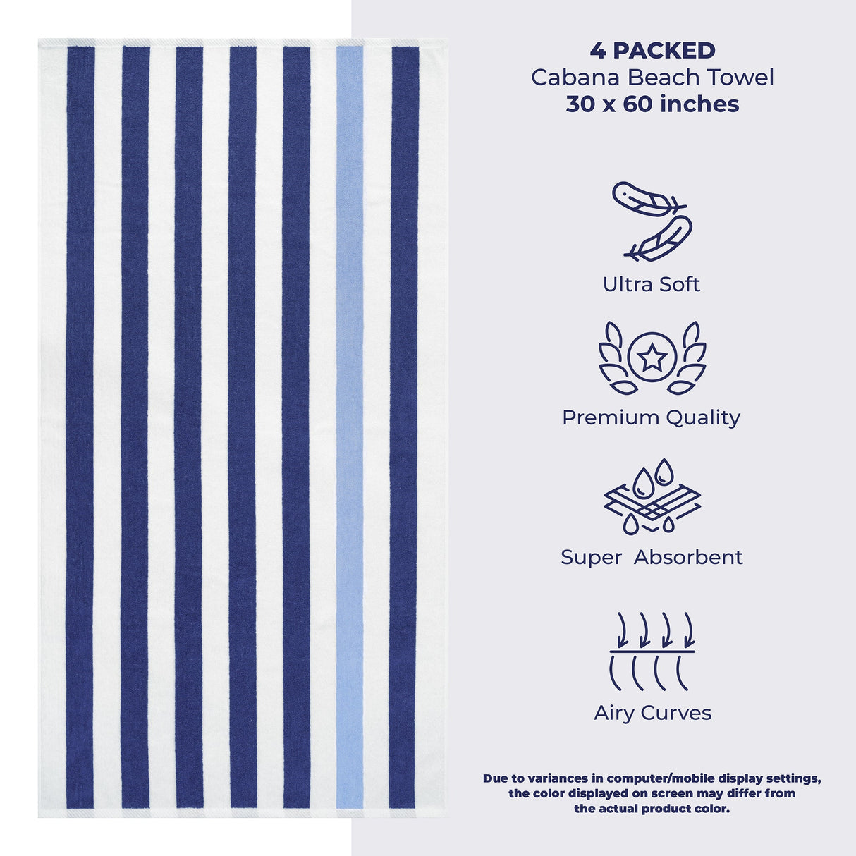 American Soft Linen, Premium Cotton 4 Pack Beach Towels, 30" x 60" Cabana Striped Pool Towels
