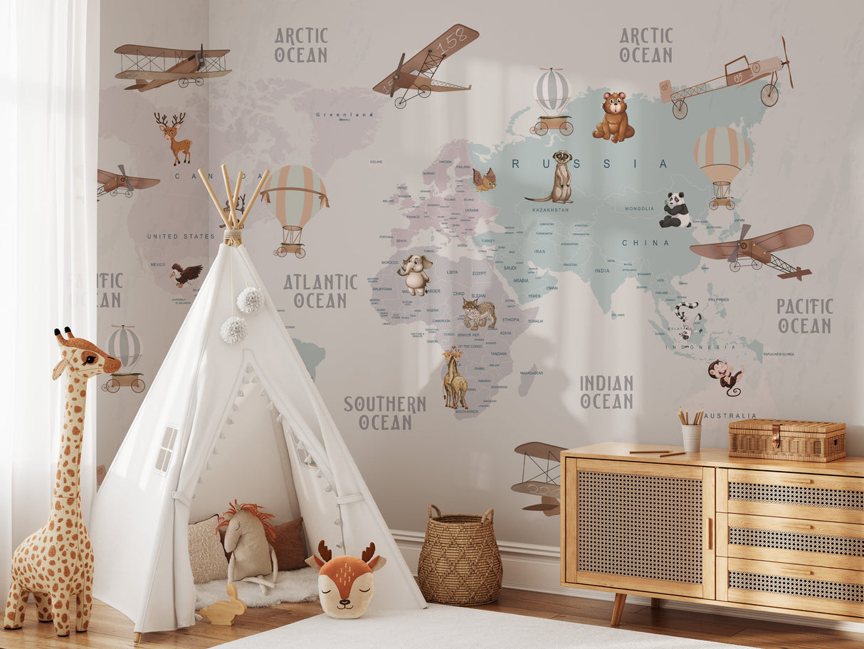World Map Wallpaper for Kids - Peel and Stick Wall Mural