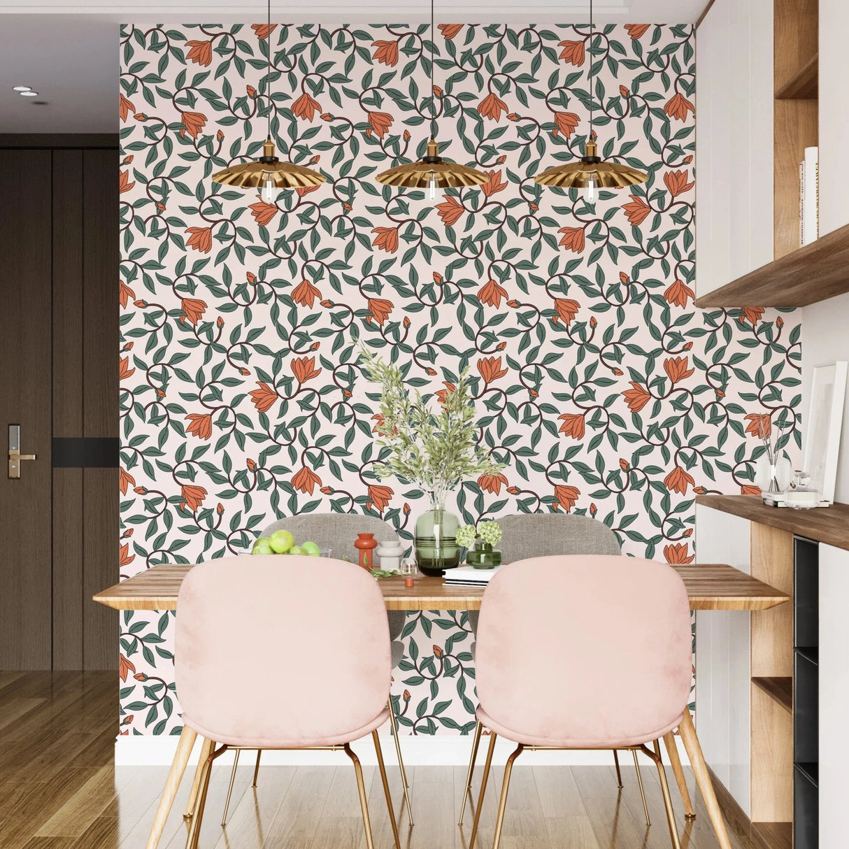 Art Nouveau Wallpaper - Retro Botanical Design with Orange Blooms