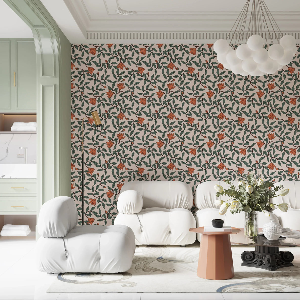 Art Nouveau Wallpaper - Retro Botanical Design with Orange Blooms
