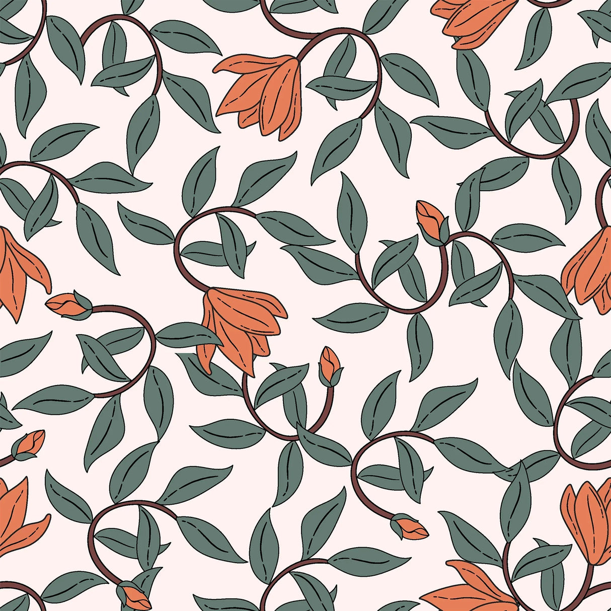 Art Nouveau Wallpaper - Retro Botanical Design with Orange Blooms