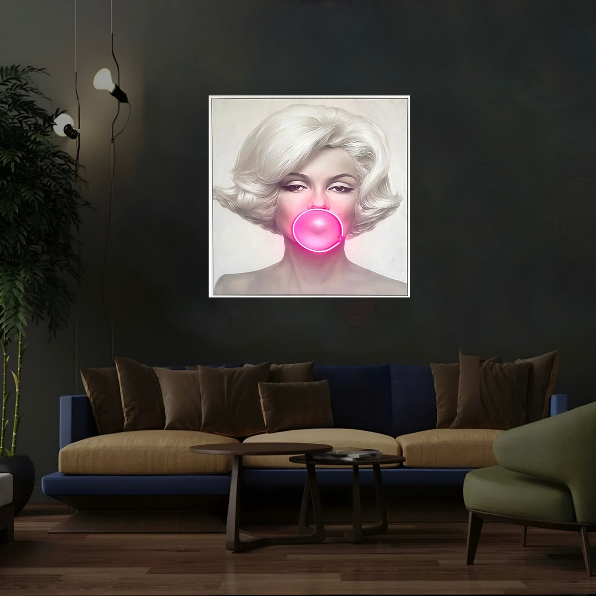 Marilyn Monroe Bubble Gum LED Wall Art – Pink LED Canvas with Bubble Accent