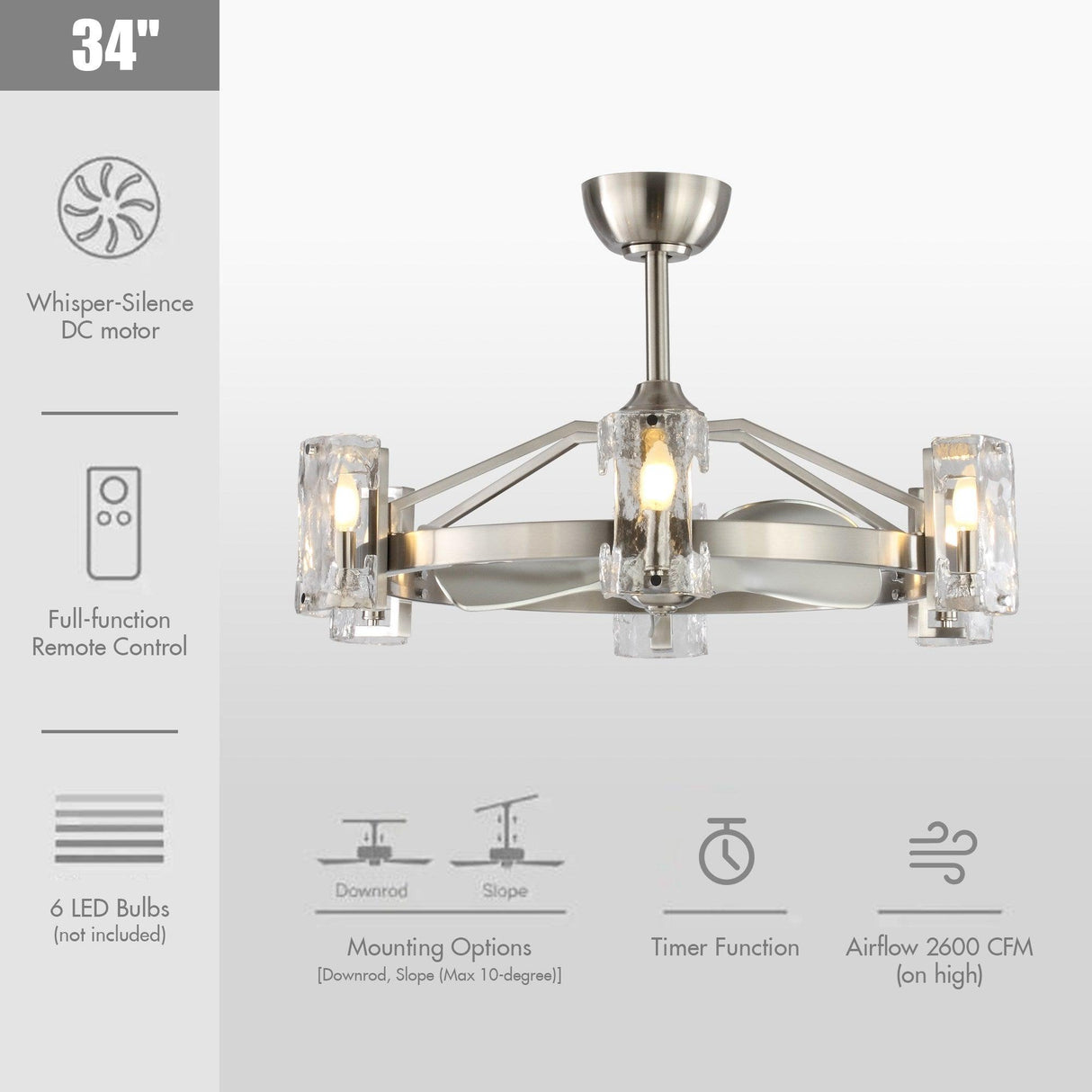 34" Bucholz Modern DC Motor Brushed Nickel Downrod Mount Reversible Ceiling Fan with LED Lighting and Remote Control