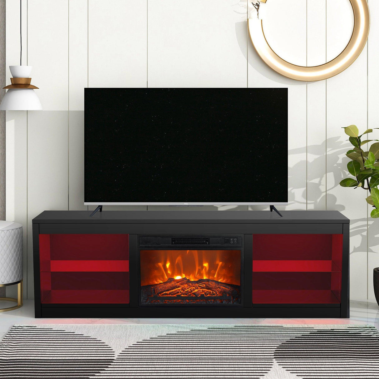 Modern 66" LED TV Stand with 23" Insert Electric Fireplace for Living Room