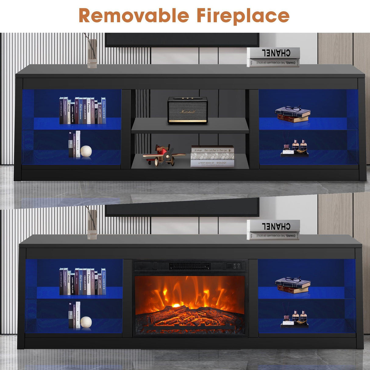 Modern 66" LED TV Stand with 23" Insert Electric Fireplace for Living Room