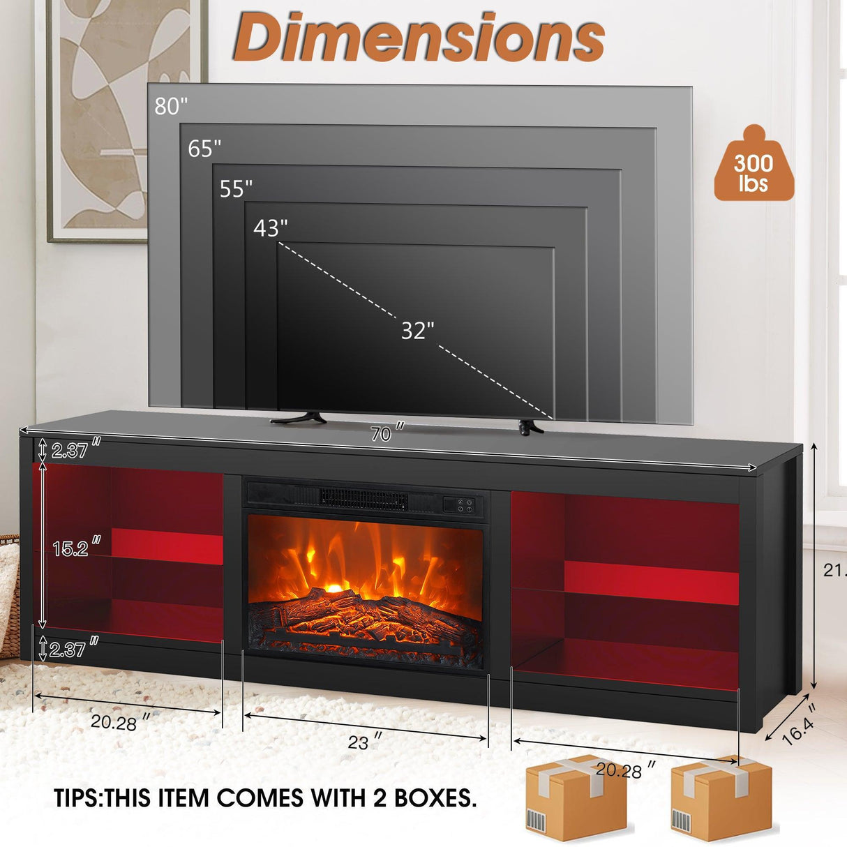 Modern 66" LED TV Stand with 23" Insert Electric Fireplace for Living Room
