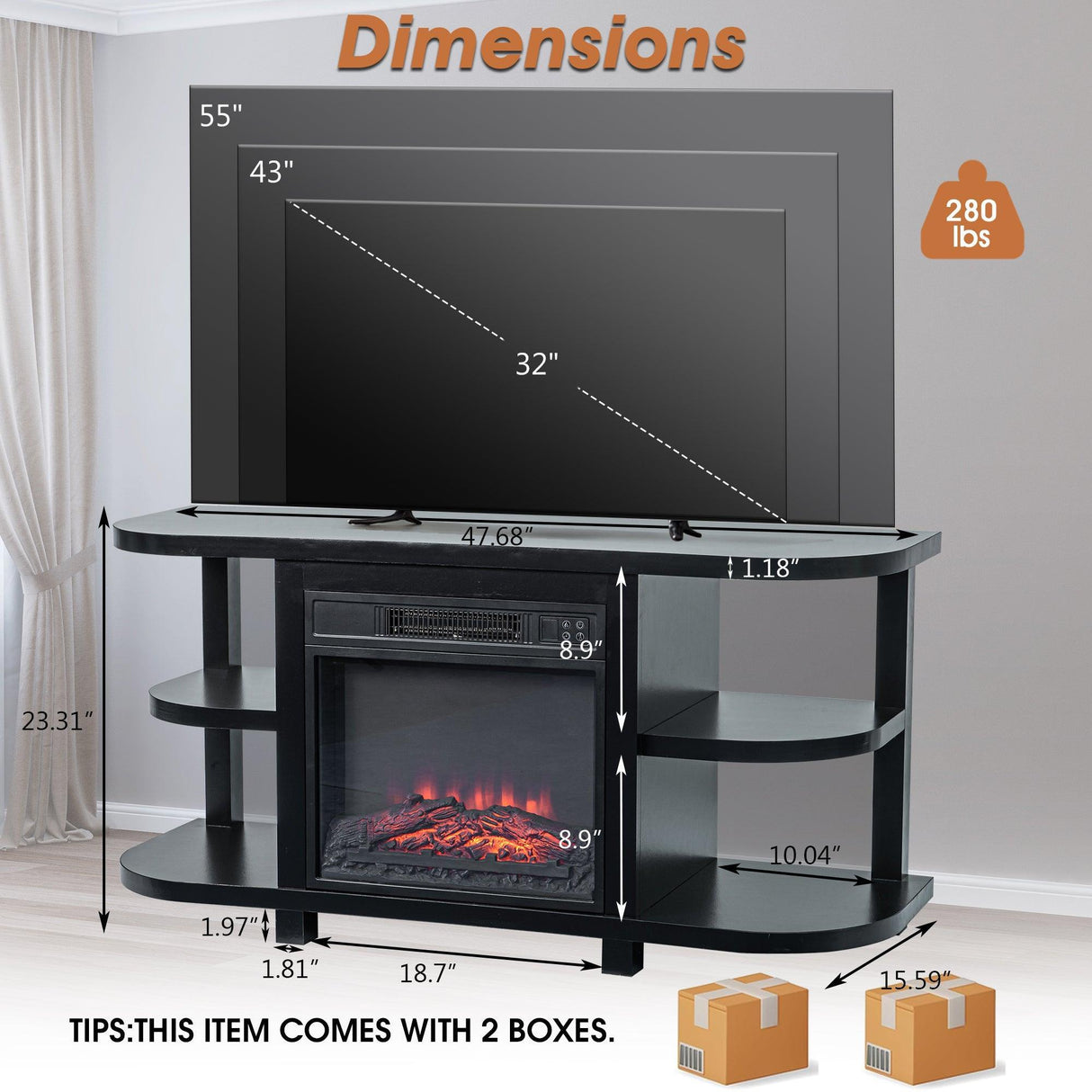 Decorative Modern 48" TV Stand with 18" Insert Electric Fireplace