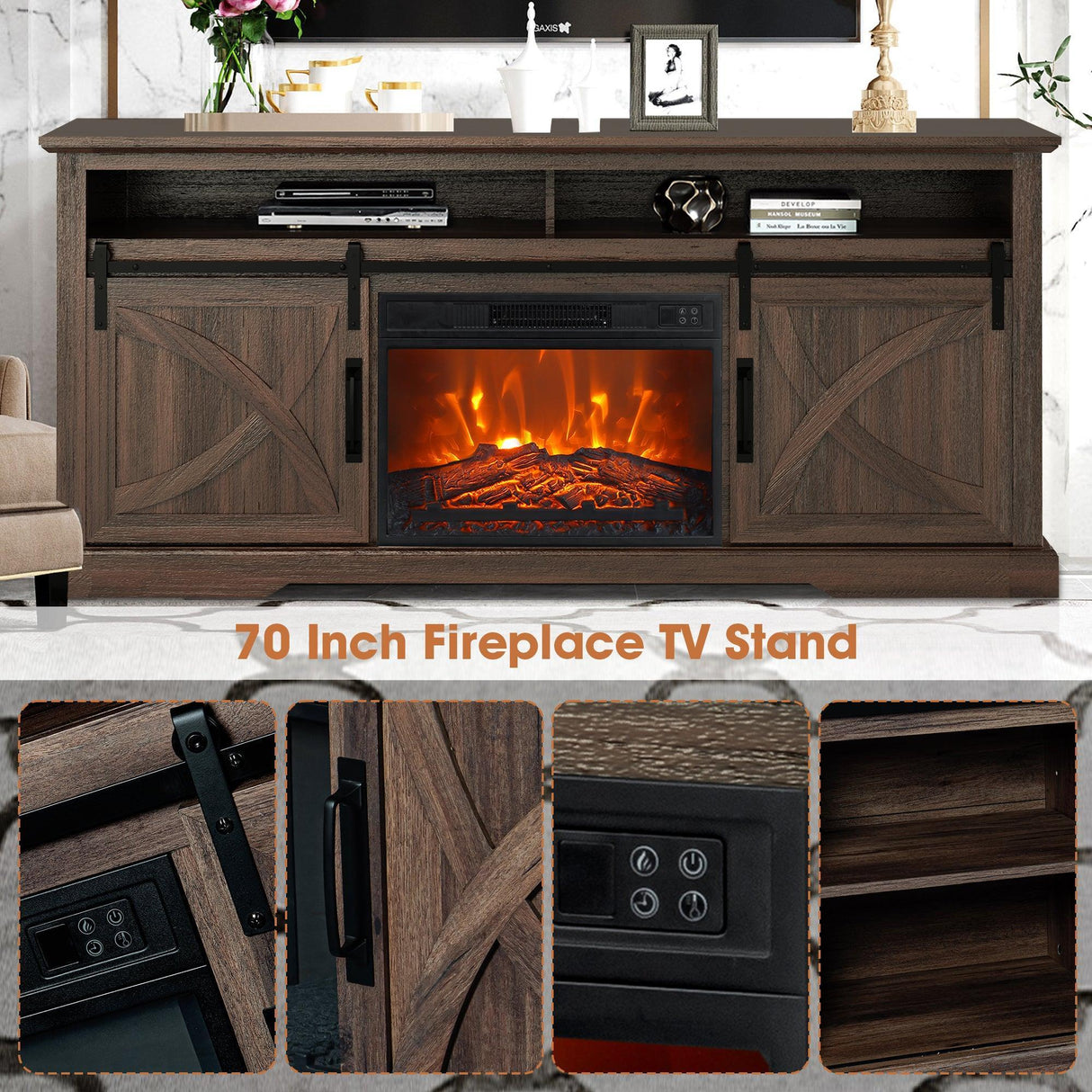 68" Farmhouse TV Stand with 23" Insert Opening Electric Fireplace