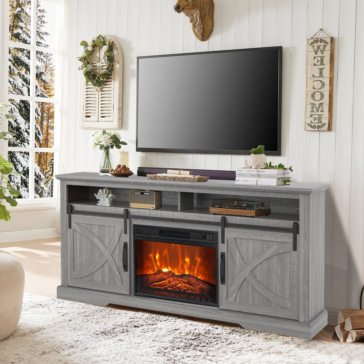 68" Farmhouse TV Stand with 23" Insert Opening Electric Fireplace