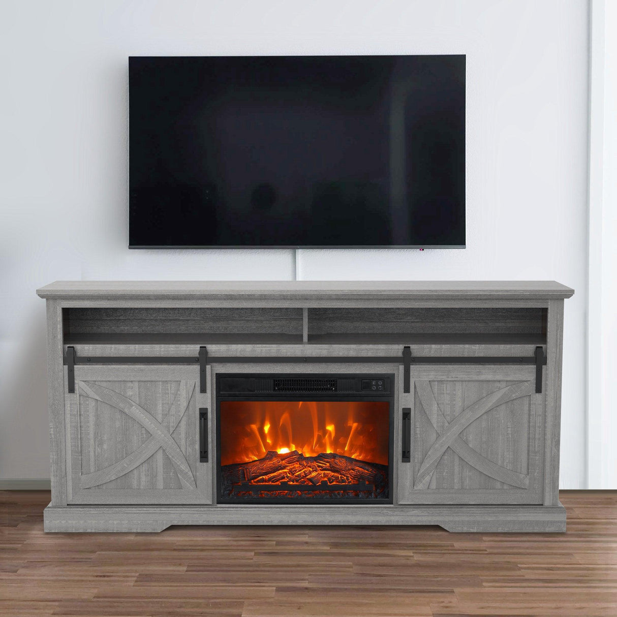 68" Farmhouse TV Stand with 23" Insert Opening Electric Fireplace
