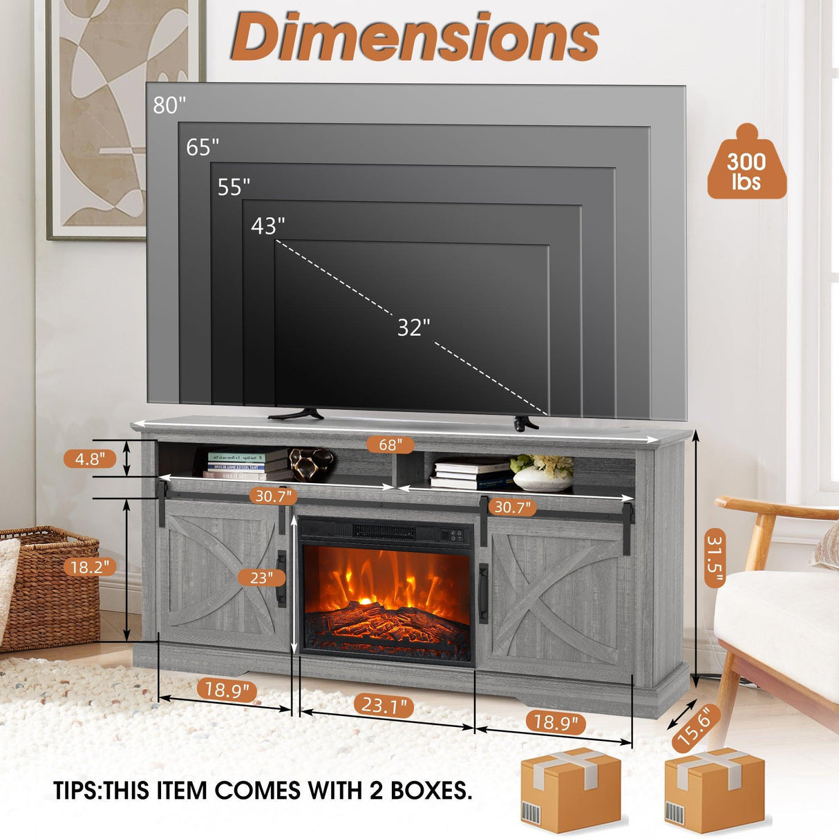 68" Farmhouse TV Stand with 23" Insert Opening Electric Fireplace