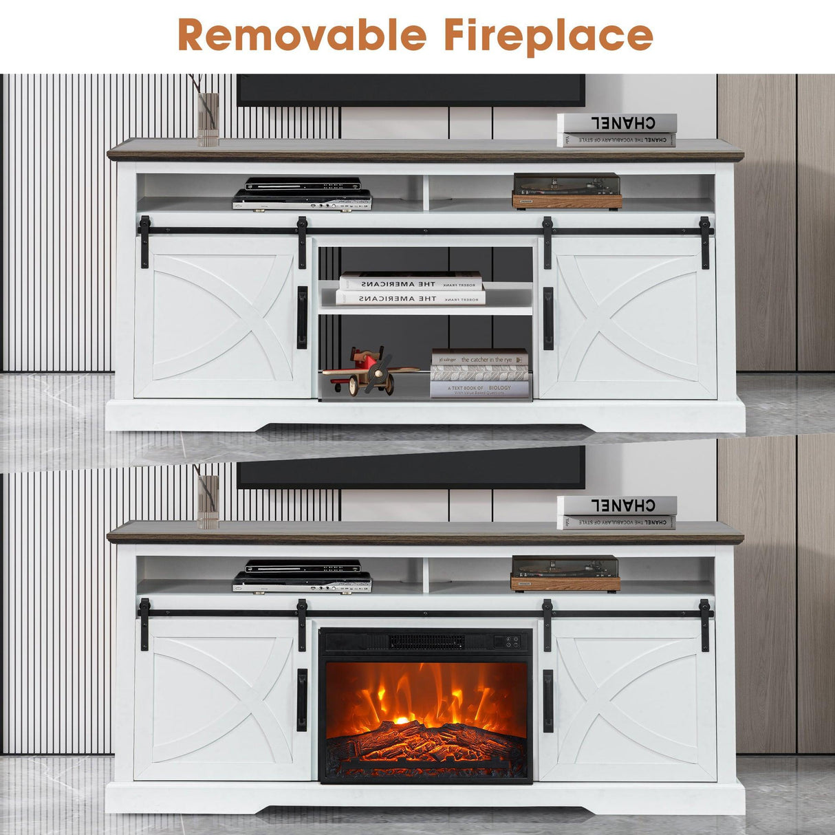 68" Farmhouse TV Stand with 23" Insert Opening Electric Fireplace