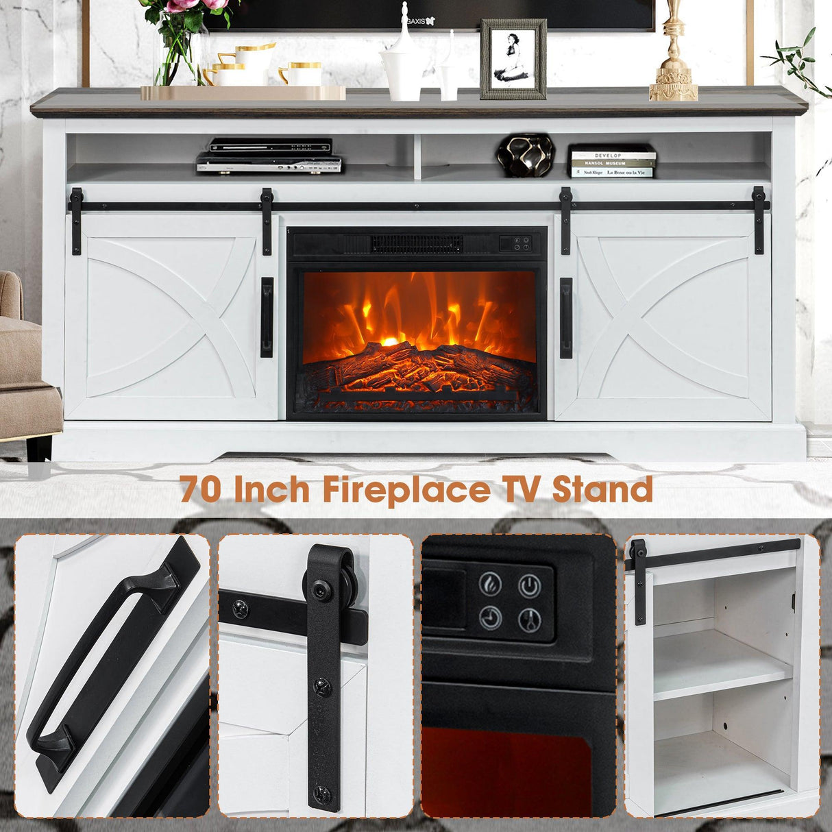 68" Farmhouse TV Stand with 23" Insert Opening Electric Fireplace