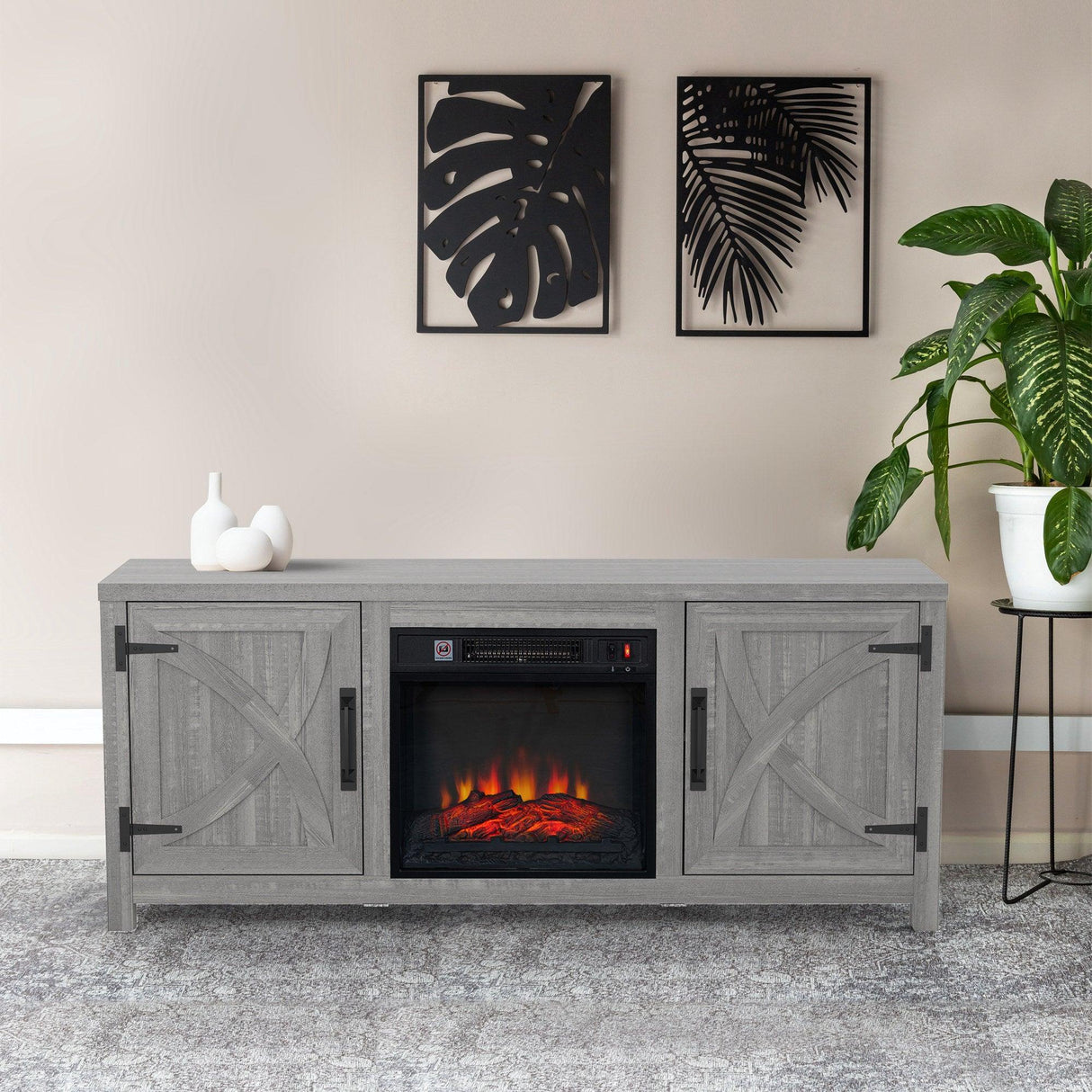 Modern White Electric Fireplace TV Stand For 58 Inch TV Storage Cabinet For Living Room