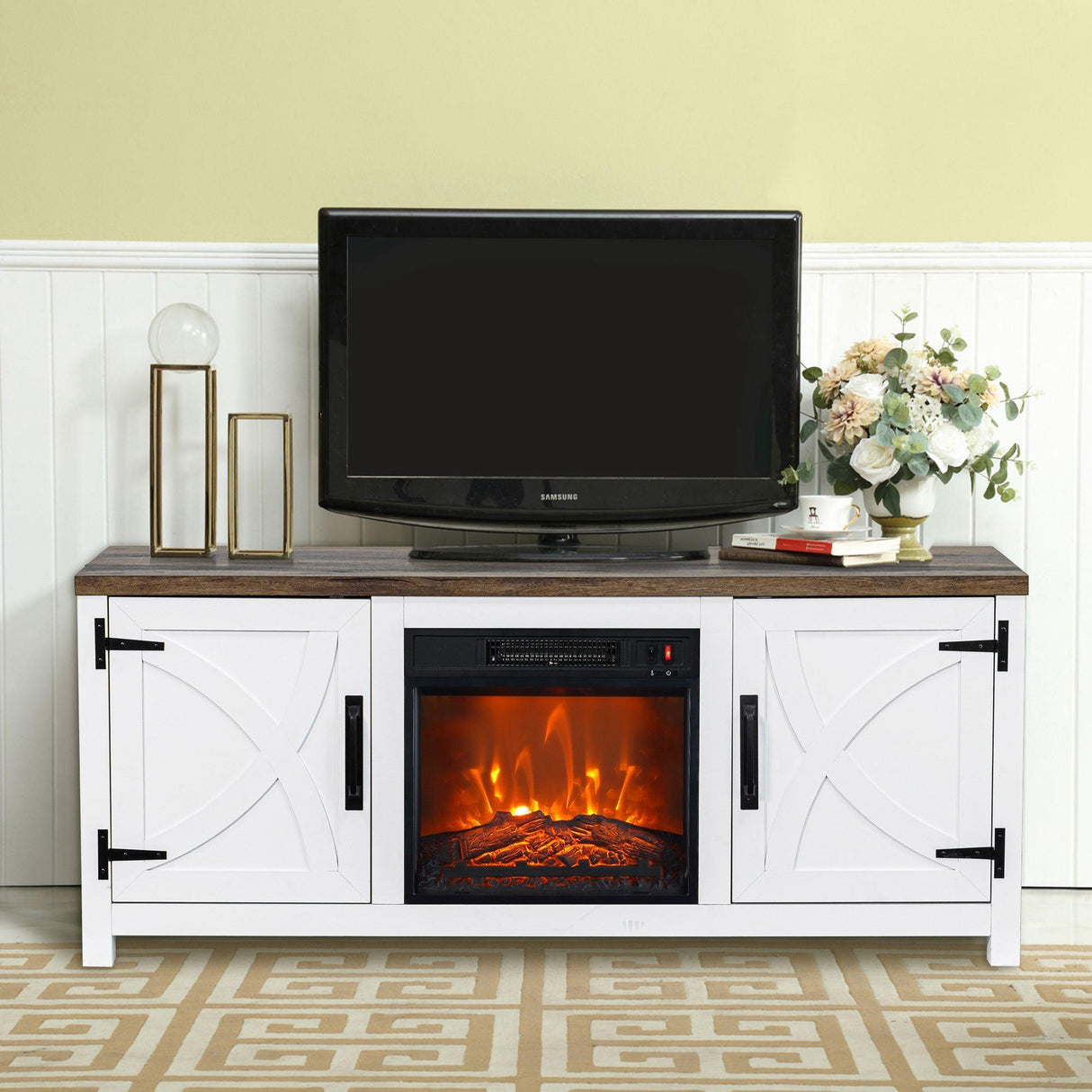 Modern White Electric Fireplace TV Stand For 58 Inch TV Storage Cabinet For Living Room