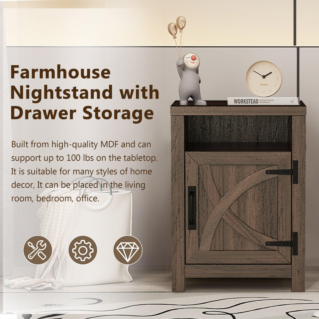 18" Solid Wood Farmhouse Nightstand for Bedroom in Brown or Grey or White