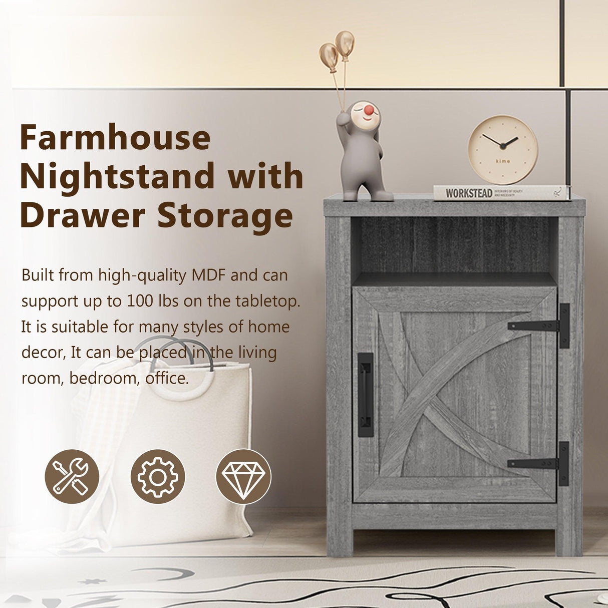 18" Solid Wood Farmhouse Nightstand for Bedroom in Brown or Grey or White