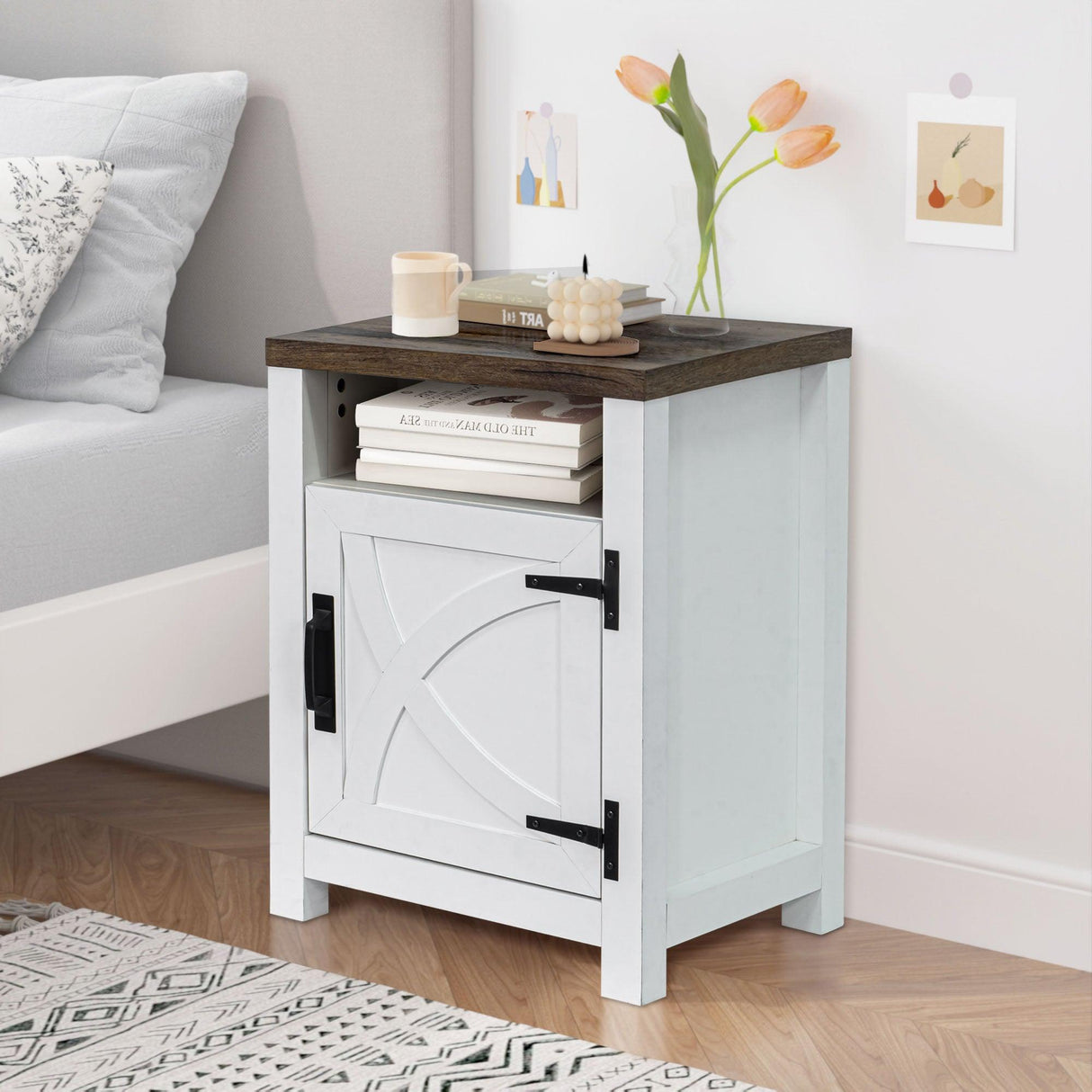 18" Solid Wood Farmhouse Nightstand for Bedroom in Brown or Grey or White