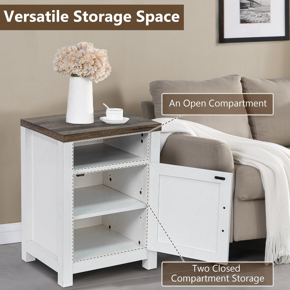 18" Solid Wood Farmhouse Nightstand for Bedroom in Brown or Grey or White