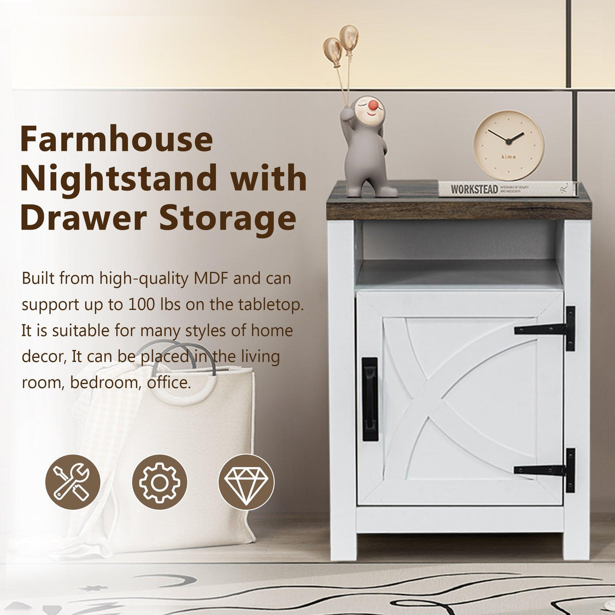 18" Solid Wood Farmhouse Nightstand for Bedroom in Brown or Grey or White