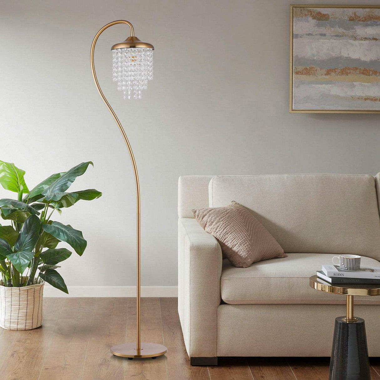 1-Light Golden Floor Lamp with Crystal Shade