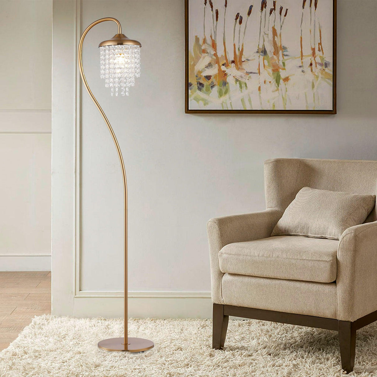 1-Light Golden Floor Lamp with Crystal Shade