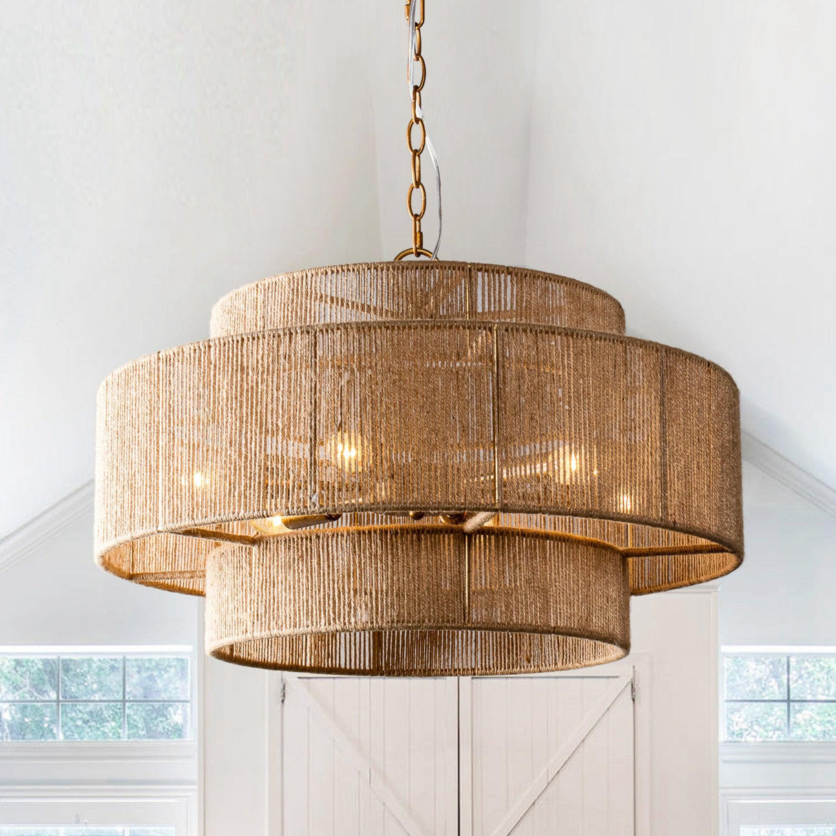 Bohemian Antique Gold 6-Light Drum Downrod Mount with Natural Rope Shade