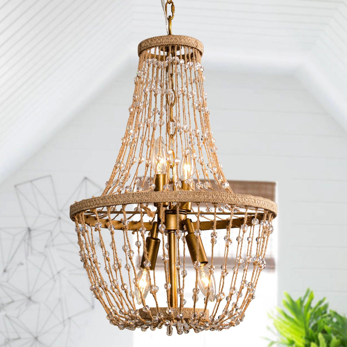 Modern Beaded Basket Weathered Wood 4-Light Chandelier