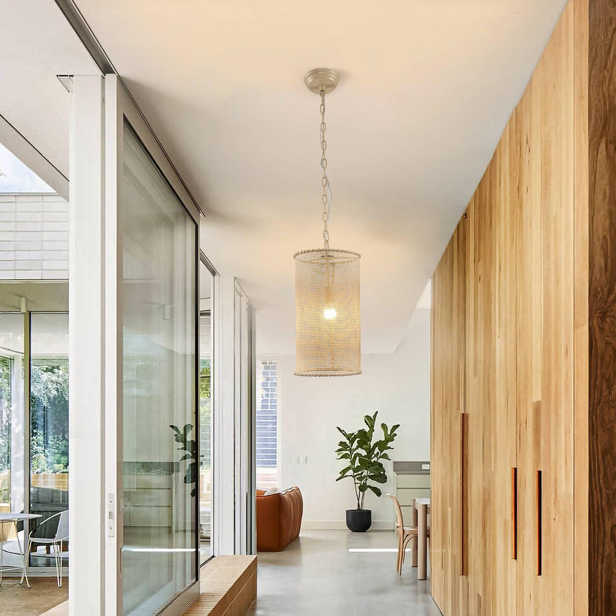 1-Light Wooden Beads Farmhouse Beige Dry Rated Island Pendant Lighting