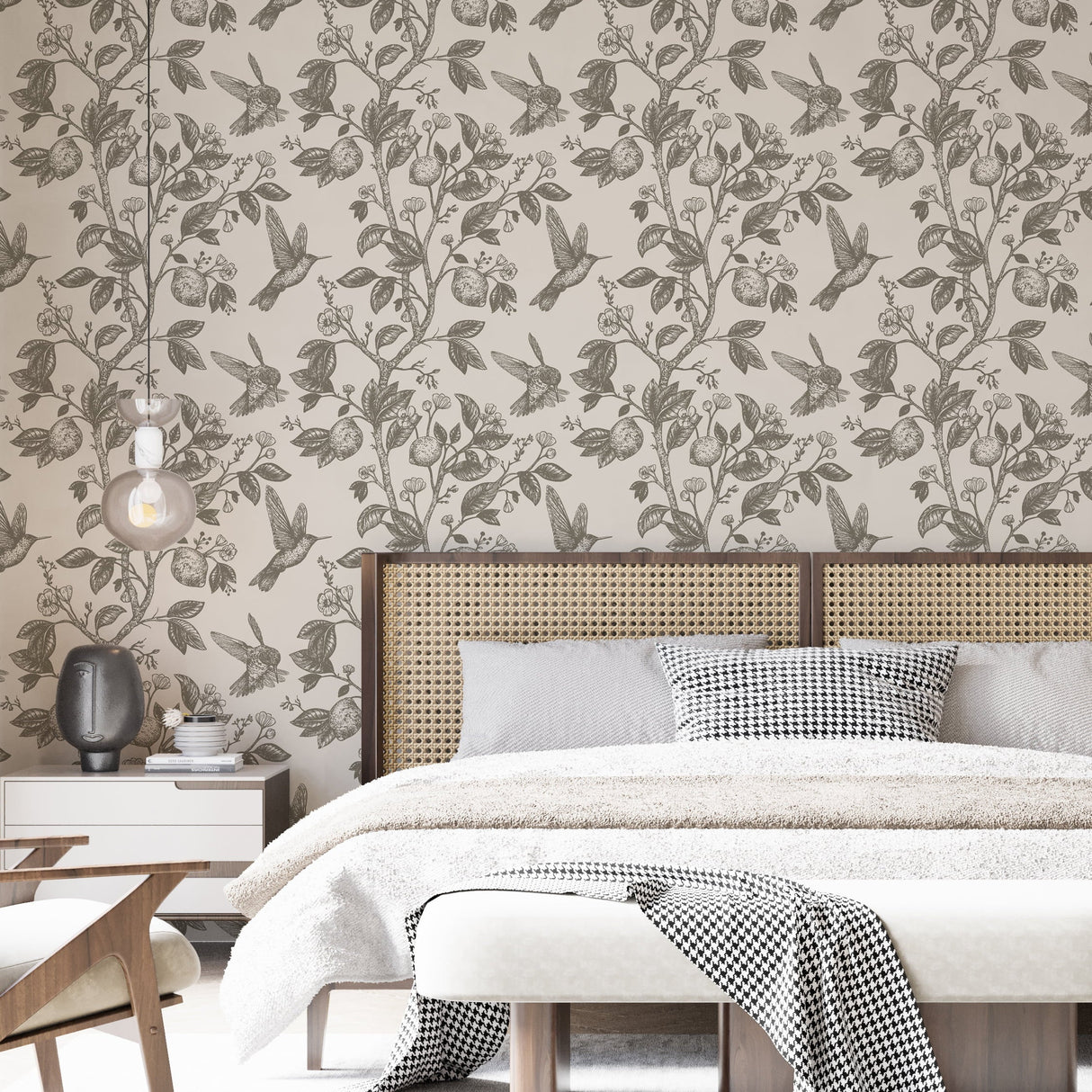Bespoke Vintage Hummingbird & Lemon Wallpaper - Botanical Elegance