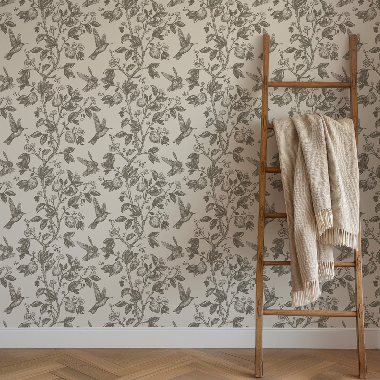 Bespoke Vintage Hummingbird & Lemon Wallpaper - Botanical Elegance