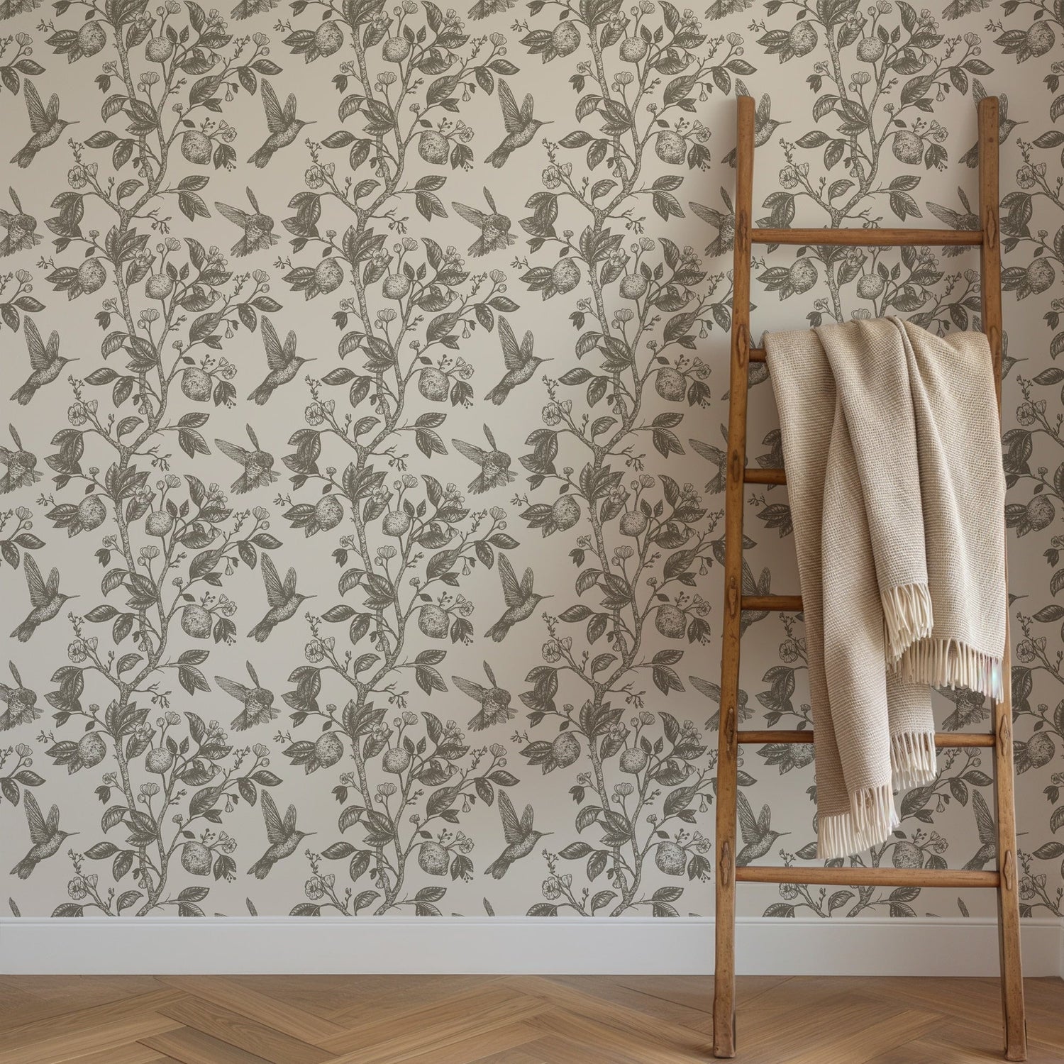 Bespoke Vintage Hummingbird & Lemon Wallpaper - Botanical Elegance
