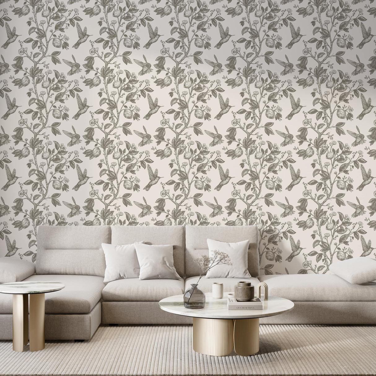 Bespoke Vintage Hummingbird & Lemon Wallpaper - Botanical Elegance