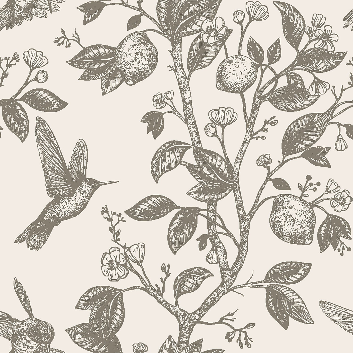 Bespoke Vintage Hummingbird & Lemon Wallpaper - Botanical Elegance